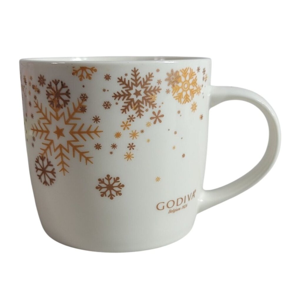 Godiva Winter Holiday Snowflake Mug Gold Cream Stoneware Round Modern Gourmet
